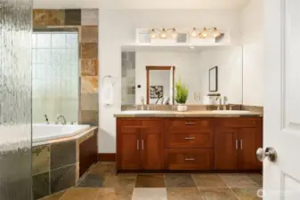 5-Piece Primary Suite bathroom with double vanity and walk-in shower.