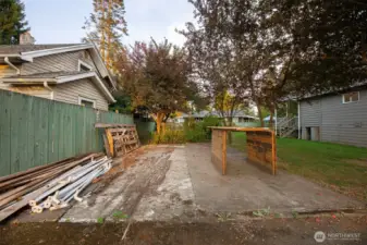Concrete pad in back yard.