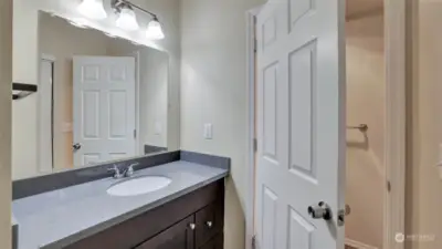 Vanity offers an abundance of storage and is separated from the water closet where you'll find the walk-in shower.
