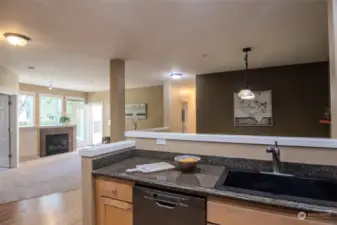 View from kitchen through to living dining room.