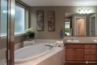 Soaking tub with tile surround, double sinks. and walk in closet.