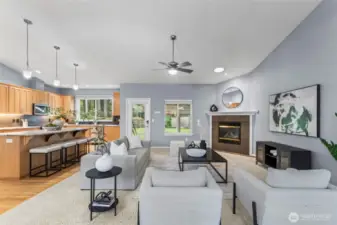 With ample space to accommodate all your entertainment and needs, the great room's open-concept design ensures a more comfortable setting for gatherings. Note the circular skylight above the gas fireplace that brings in added sunlight into this space.
