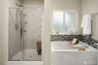Terrazzo quartz shower and nice soaking tub.