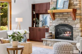 Statement propane fireplace framed with built in shelving