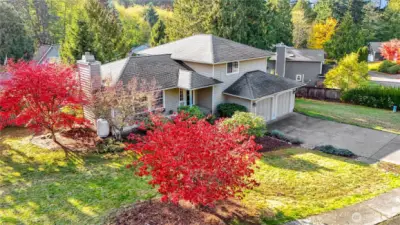 The south side of the home enjoys stunning maple tree and lots of sun shine. There's plenty of parking with a two-car garage and spacious driveway.
