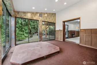 Lower level atrium with doorss to wooded area; note hot tub does not work