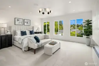 From the Primary Bedroom, enjoy a stunning view towards the elegant beverage station, cozy electric fireplace, and stylish barn door that leads to the bathroom, creating a seamless blend of comfort and sophistication.