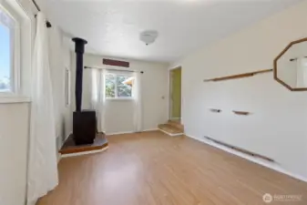 Wood fireplace in the flex room