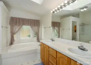 primary bath with closet, shower and soaking tub