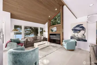 The dynamic, soaring  ceilings bring the outdoors in all year.  The large wall to the right currently holds an extra big screen TV for game day fun or movie night. The new electric fireplace replaces a former wood fireplace.