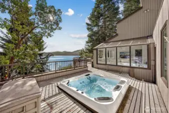 Fraom the atrium windows the new hot tub can be viewed, and accessed through the family room doors, or the garage/breezeway leading to the utility room entrance.  Enoy the views or the stars no matter the weather.