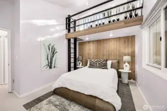 The other upper bedroom option with full closet, can double as a workout/yoga space, office , craft, media or extended dressing room.  The upper loft has space for a single mattress or perch and watch the eagles fly by.