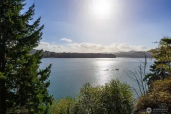 The long view of Eld inlet toward Mud Bay and the south.  The winter afternoon sun gently warms the property amid fall colors and sparkling water.  Take a quiet Kayak ride or drop a buoy, or your anchor for motor boating.