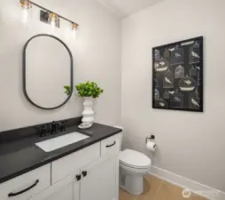 Stylish powder room with contemporary vanity and fixtures.