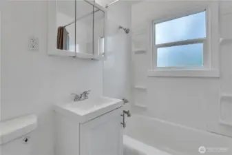 Downstairs bathroom with bathtub/shower combo.