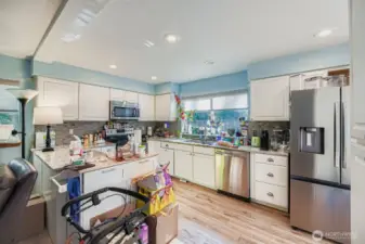 Spacious kitchen overlooking backyard with upgraded cabinets and countertops with newer stainless steel appliances