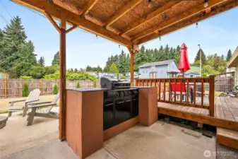 Covered patio, built-in outdoor kitchen means you can entertain all year long!