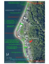 This is the McKee's Beach Community Map showing the beach access points and the boat launches. The beach itself is accessable to all residents. There are some bulkheads that do not allow residents to walk on or behind them.