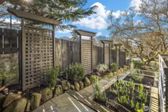 SW exposure makes for happy plants in this delightful side yard.  All beds feature extensive drip irrigation and have been lovingly maintained by Rainbow of Magnolia for many years.  This patio area where we're standing is just a few steps off the back slider.  It's a perfect spot for a grill.