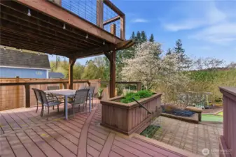 Fruit trees highlight the terraced garden, leading to play area, dog run, and outbuilding