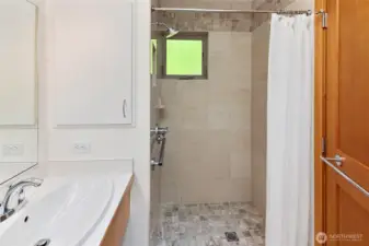 Stylish tiled shower, nice hardware/plumbing.