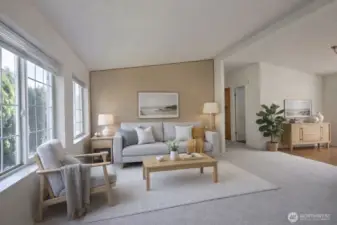 Windows bring in the natural light, vaulted ceiling and new carpet throughout the living room and home.  Virtually staged