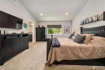 Upstairs primary bedroom faces the quiet backyard and has a double-door entry and a gorgeous primary bath.