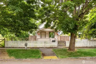 A storybook Craftsman home framed by mature trees.