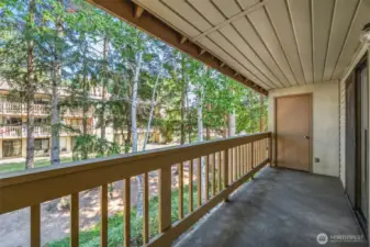 Step outside to your deck overlooking peaceful greenspace — storage included!