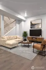 [inspirational virtual staging] Lower level recroom. This level has 2 bedrooms, full bath, and easy finish kitchenette