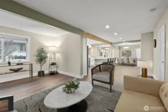 This is another virtually staged photo from the living room, through the kitchen to the dining room. Great open floor plan!