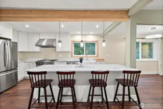 New lighting accents this huge island with eating bar!