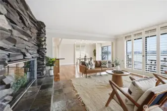 Living area and incredible feature fireplace.