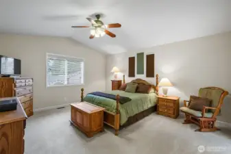 Large primary bedroom with a vaulted ceiling, walk-in closet and update primary bathroom.