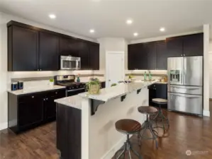 Quartz counters, gas cooking, stainless steel appliances, undermount lighting, a large pantry and a breakfast bar with seating - beautiful!