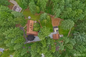 Aerial view of the property. Note that the forest at the top and right of this photo are the Bridle Trails State Park.