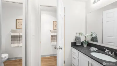 Updated vanity offers an abundance of storage and is separated from the water closet where you'll find the walk-in shower.