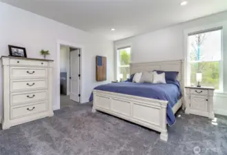 Primary Bedroom w/plush carpeting and electric up down blinds.