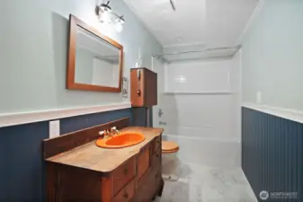 Downstairs bathroom with working pull down toilet handle.