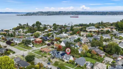 Drone facing North.  Old Town Businesses, Tacoma waterfront restaurants, Commencement Bay