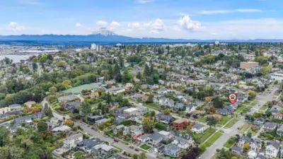 Drone facing East and Southeast.  Annie Wright Academy, Stadium District and downtown Tacoma and Mt. Rainier.