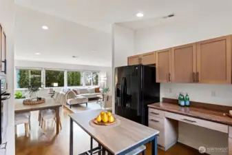 View from the kitchen looking out at the great room.