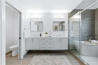 An exceptionally designed, freshly remodeled bathroom.