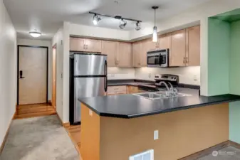 The kitchen features stainless steel appliances, track lighting, and a practical layout for a bright and inviting ambiance.