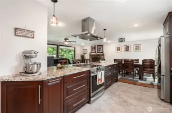 Peninsula offers plenty of storage, while stove is perfectly positioned for entertaining.