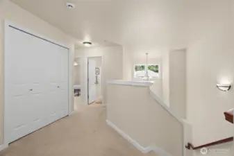 Upstairs, the ample storage continues with a large closet here - primary off to the right, and each room is private from one another, offering an ideal floorplan.