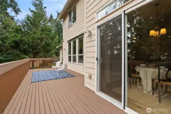 The expansive deck right off the kitchen dining area has stairs down to the yard and offers room for furniture, a bbq, and has an elevated view of the yard.