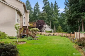 The newer cedar fence is beautiful and protects the flourishing vegetation from local deer.