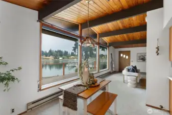 Enjoy breakfast with a view of the bay from the dining area.