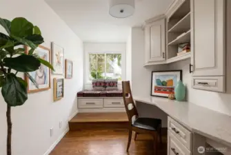 Dedicated office space, custom Pendleton cushion and pillows for window seat